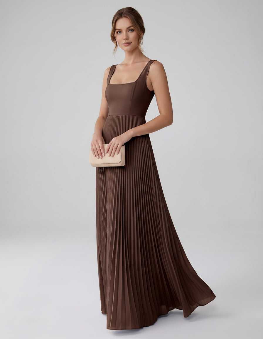 Veloura Maxi Dress by Lauven — satin chiffon sleeveless square neck pleated A-line maxi dress