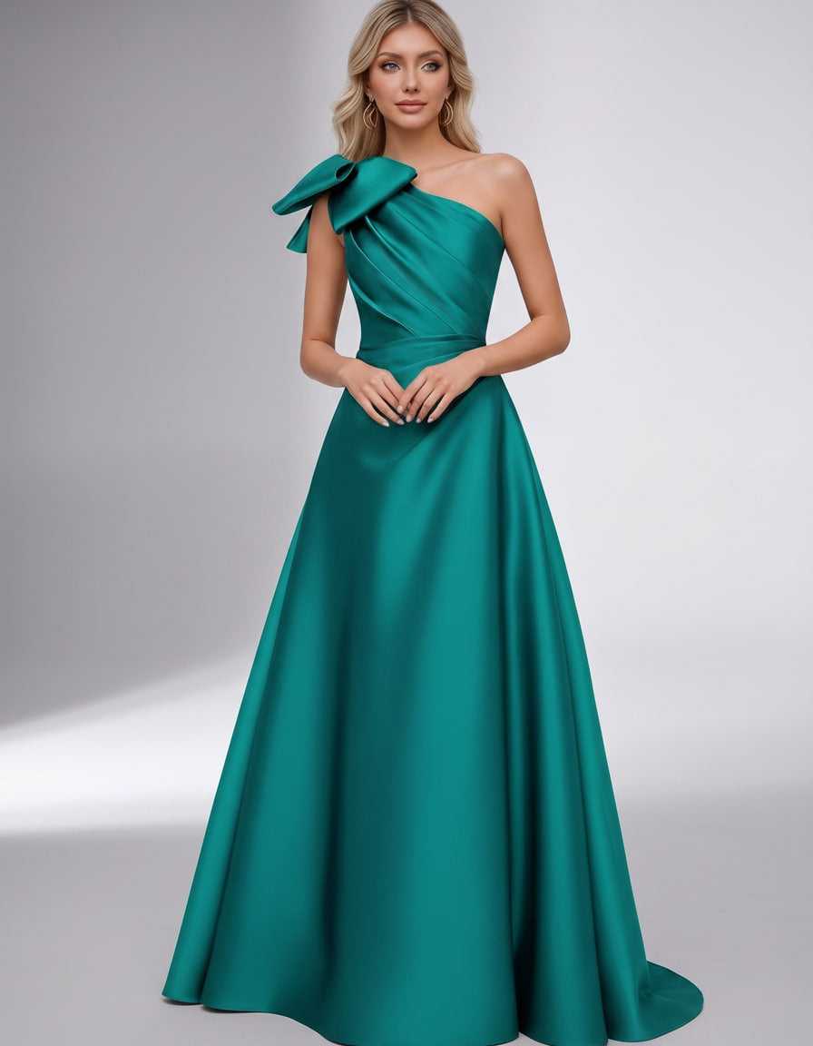 Celestia Maxi Dress by Lauven — satin one shoulder A-line maxi dress with bow