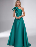 Celestia Maxi Dress by Lauven — satin one shoulder A-line maxi dress with bow