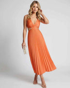 Lunara Midi Dress by Lauven — satin sleeveless V-neck flowing pleated midi dress