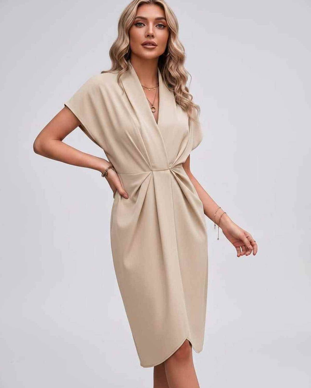 Veloura Midi Dress by Lauven — satin cap sleeve V-neck draped midi dress