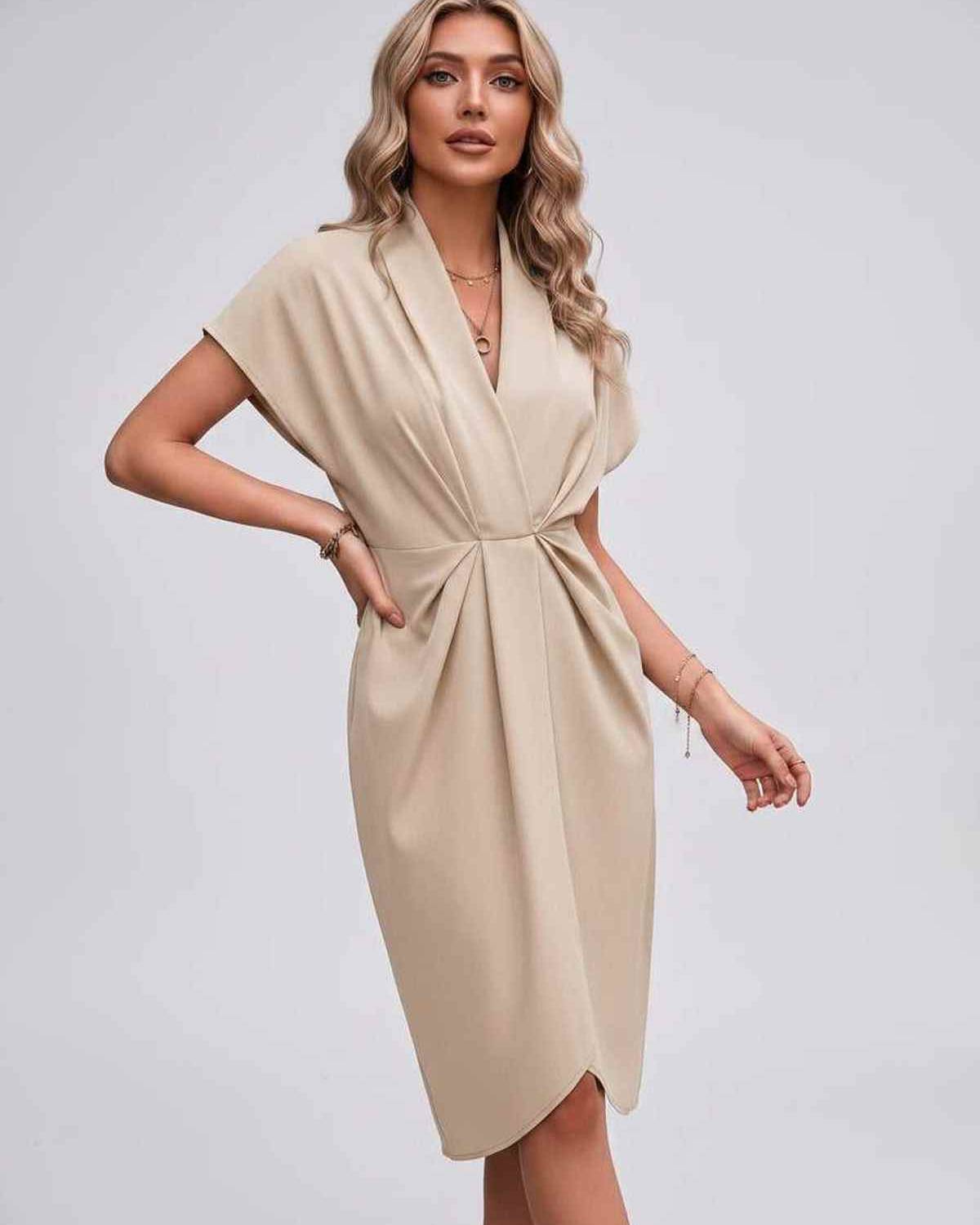 Veloura Midi Dress by Lauven — satin cap sleeve V-neck draped midi dress