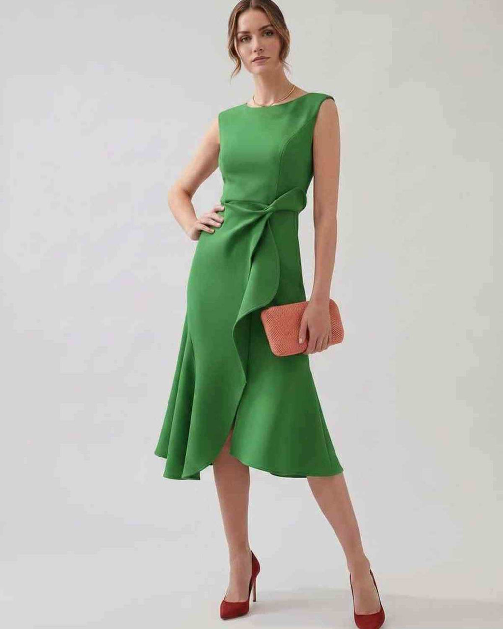 Serelune Midi Dress by Lauven — sleeveless satin midi dress with ruffle detail and fit flare silhouette