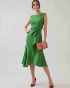 Serelune Midi Dress by Lauven — sleeveless satin midi dress with ruffle detail and fit flare silhouette