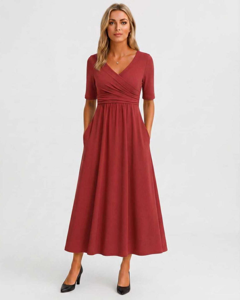 Velmira Midi Dress by Lauven — red soft stretch short sleeve V-neck A-line midi dress