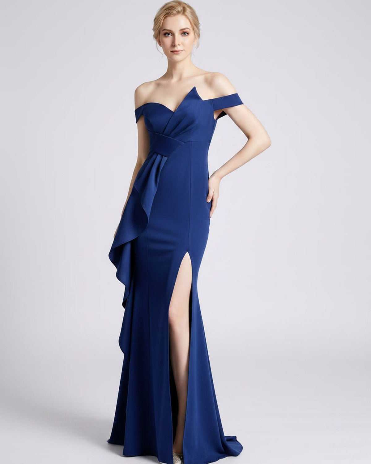 Veloura Maxi Dress by Lauven — polyester spandex off-the-shoulder mermaid maxi dress with slit