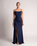 Celestia Maxi Dress by Lauven — polyester spaghetti strap mermaid maxi dress with beading and split