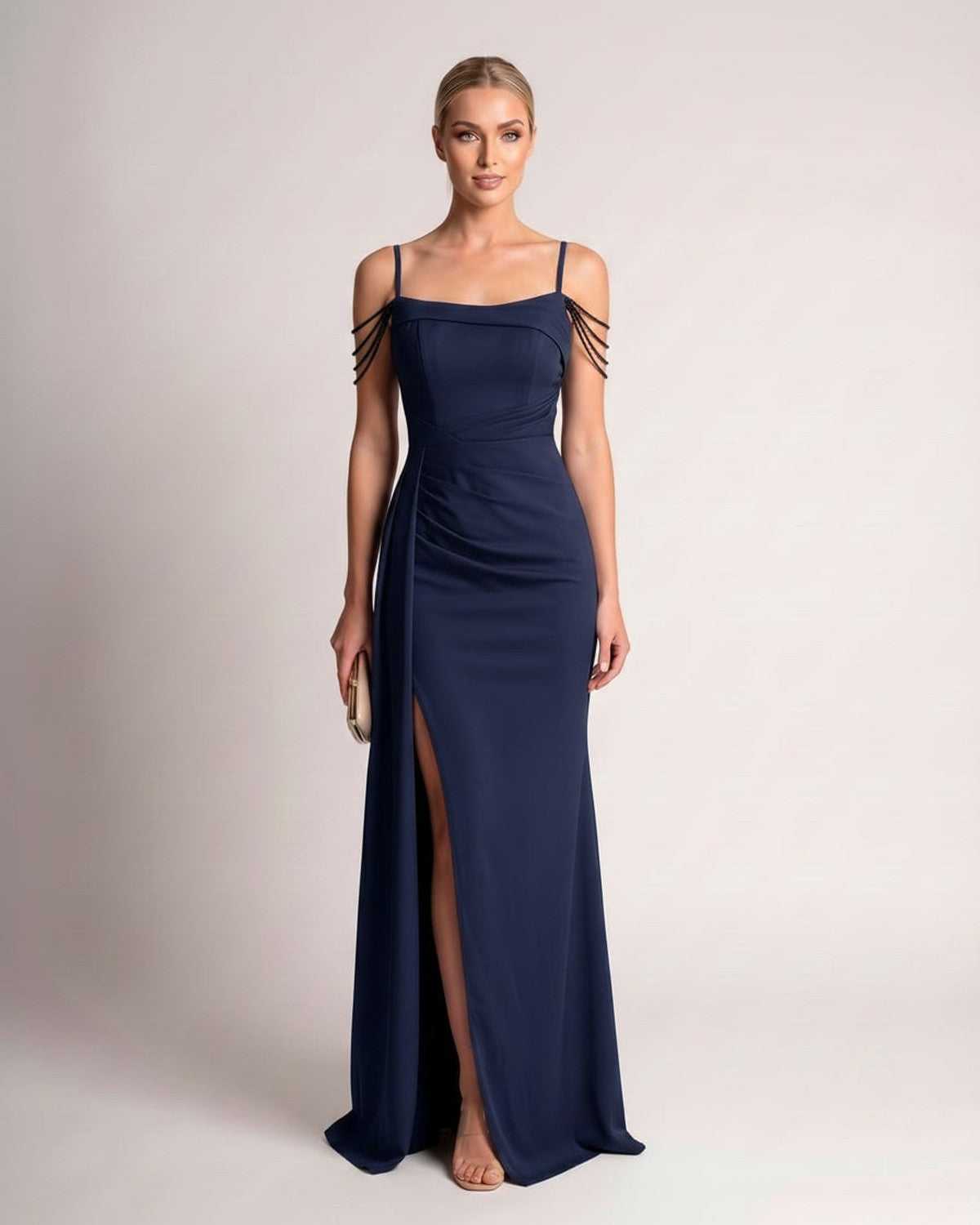Celestia Maxi Dress by Lauven — polyester spaghetti strap mermaid maxi dress with beading and split