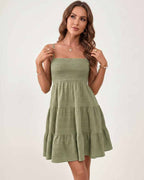 Solara Mini Dress by Lauven — textured sleeveless square neck tiered swing mini dress