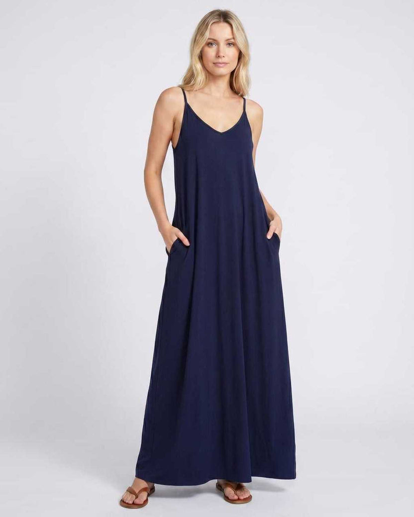 Solenne Maxi Dress by Lauven — navy soft stretch sleeveless V-neck relaxed A-line maxi dress