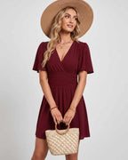 Calista Mini Dress by Lauven — chiffon ruffled short sleeve V-neck A-line mini dress