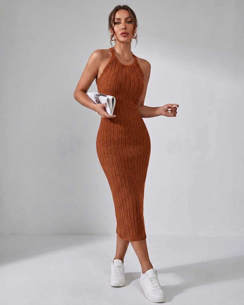 Lunara Midi Dress by Lauven — orange ribbed knit sleeveless crew neck slim-fit midi dress
