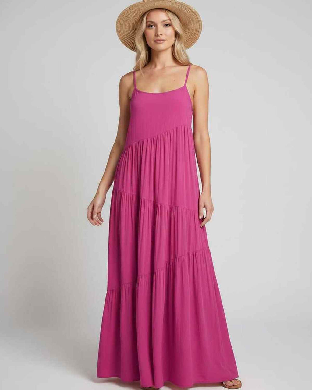 Solenne Maxi Dress by Lauven — rayon blend sleeveless scoop neck tiered A-line maxi dress