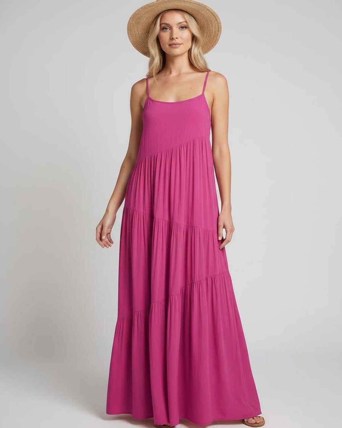 Solenne Maxi Dress by Lauven — rayon blend sleeveless scoop neck tiered A-line maxi dress