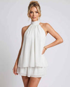 Celestia Mini Dress by Lauven — chiffon sleeveless halter neck mini dress