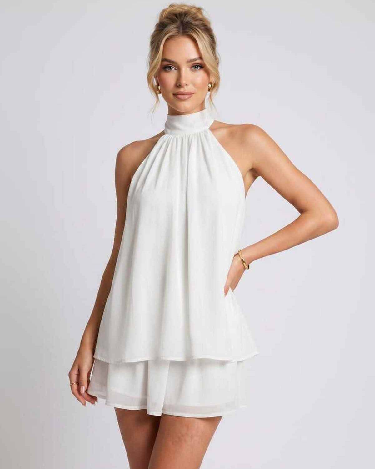 Celestia Mini Dress by Lauven — chiffon sleeveless halter neck mini dress