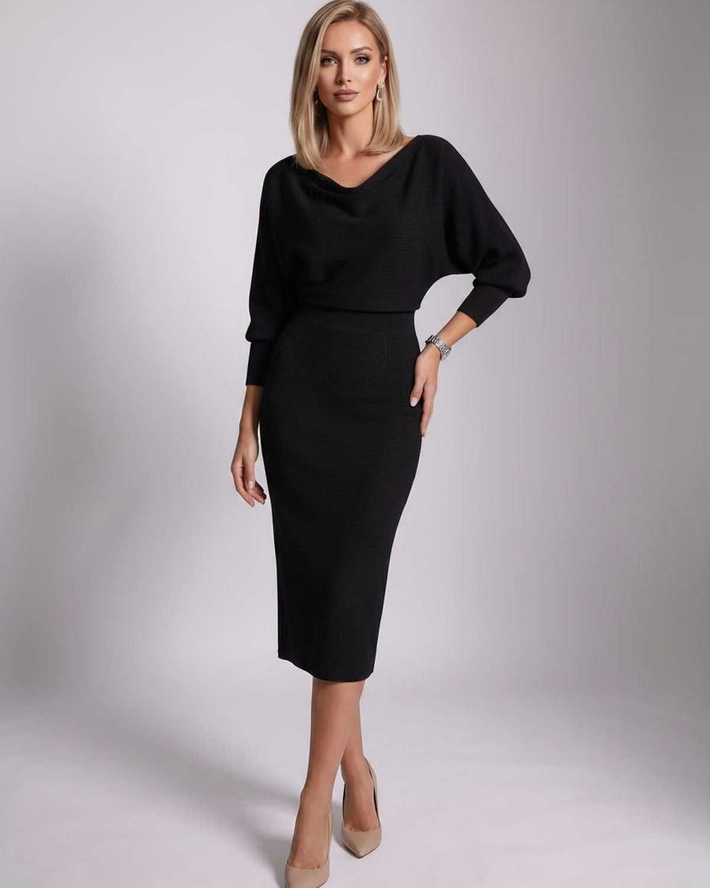 Serene Midi Dress by Lauven — knit batwing sleeve cowl neck fitted midi dress