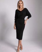 Serene Midi Dress by Lauven — knit batwing sleeve cowl neck fitted midi dress