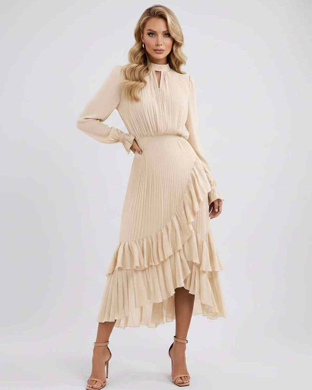 Celestia Maxi Dress by Lauven — chiffon long sleeve high neck A-line maxi dress