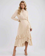 Celestia Maxi Dress by Lauven — chiffon long sleeve high neck A-line maxi dress