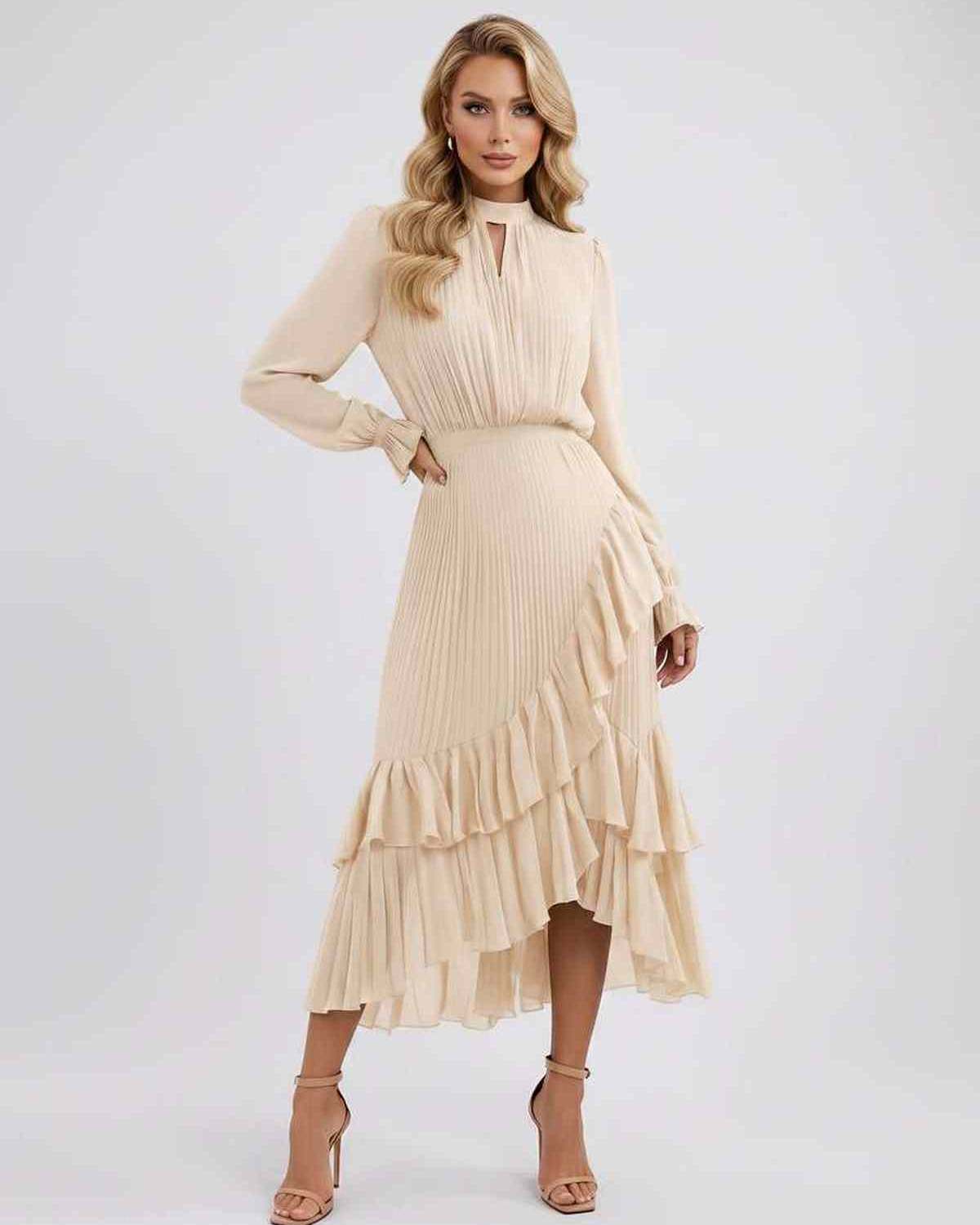 Celestia Maxi Dress by Lauven — chiffon long sleeve high neck A-line maxi dress