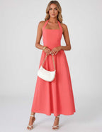 Veloura Midi Dress by Lauven — satin blend sleeveless square neck A-line midi dress