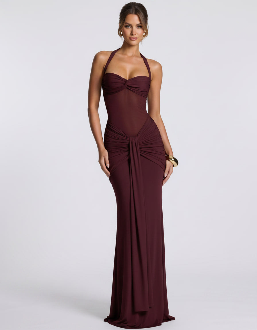 Solvane Maxi Dress by Lauven — stretch mesh sleeveless halter neck slim fit maxi dress