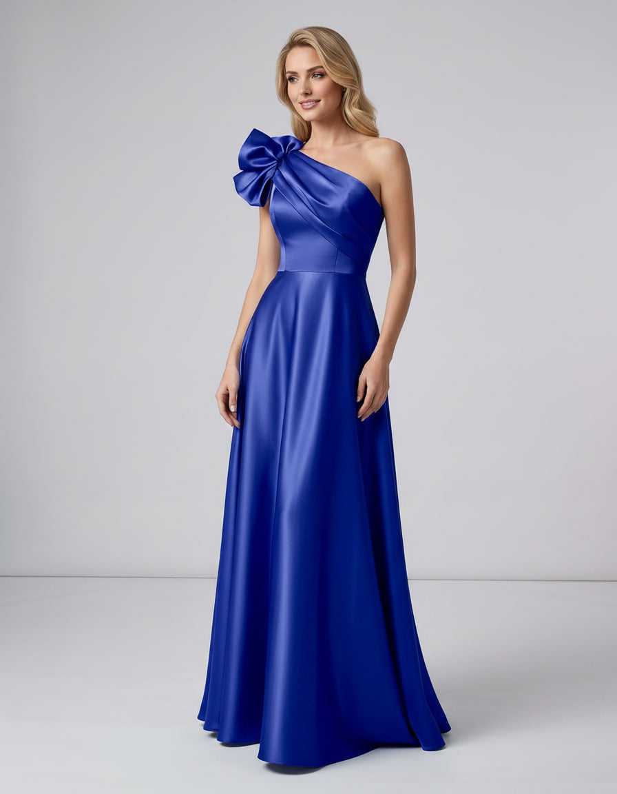 Aurevina Maxi Dress by Lauven — satin one shoulder A-line maxi dress with ruffle detail