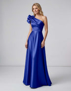 Aurevina Maxi Dress by Lauven — satin one shoulder A-line maxi dress with ruffle detail