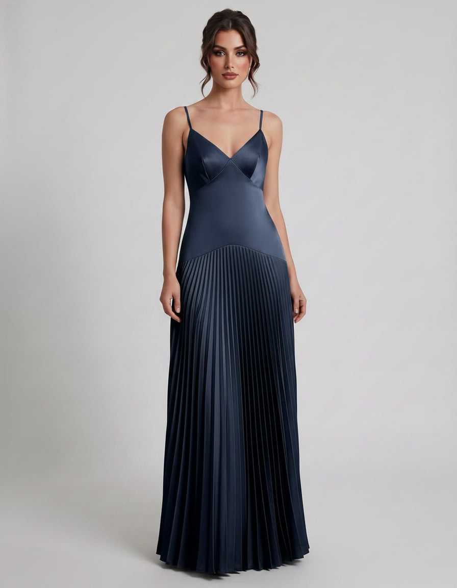 Veloura Maxi Dress by Lauven — satin spaghetti strap V-neck A-line maxi dress