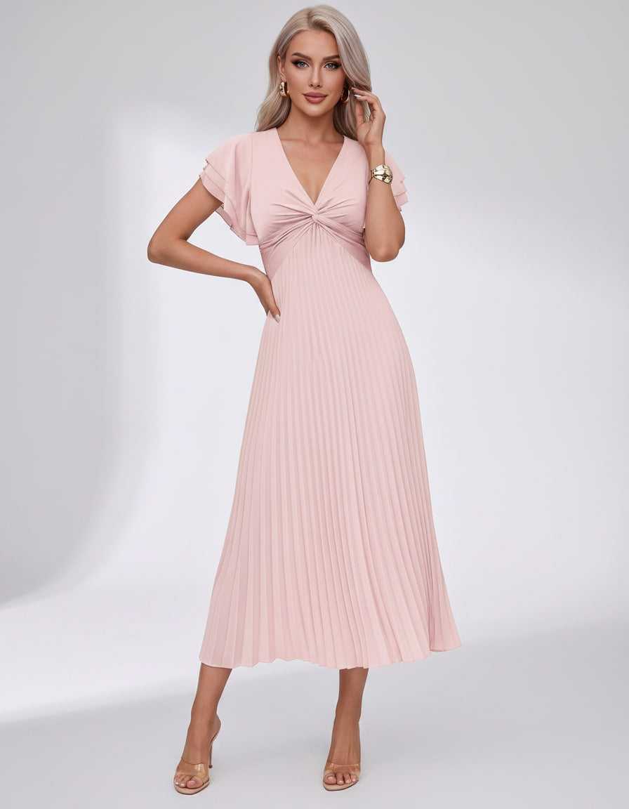 Veloura Midi Dress by Lauven — pleated chiffon flutter sleeve V-neck A-line midi dress