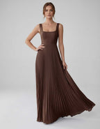 Veloura Maxi Dress by Lauven — satin chiffon sleeveless square neck pleated A-line maxi dress
