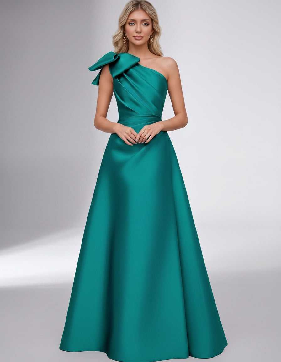 Celestia Maxi Dress by Lauven — satin one shoulder A-line maxi dress with bow