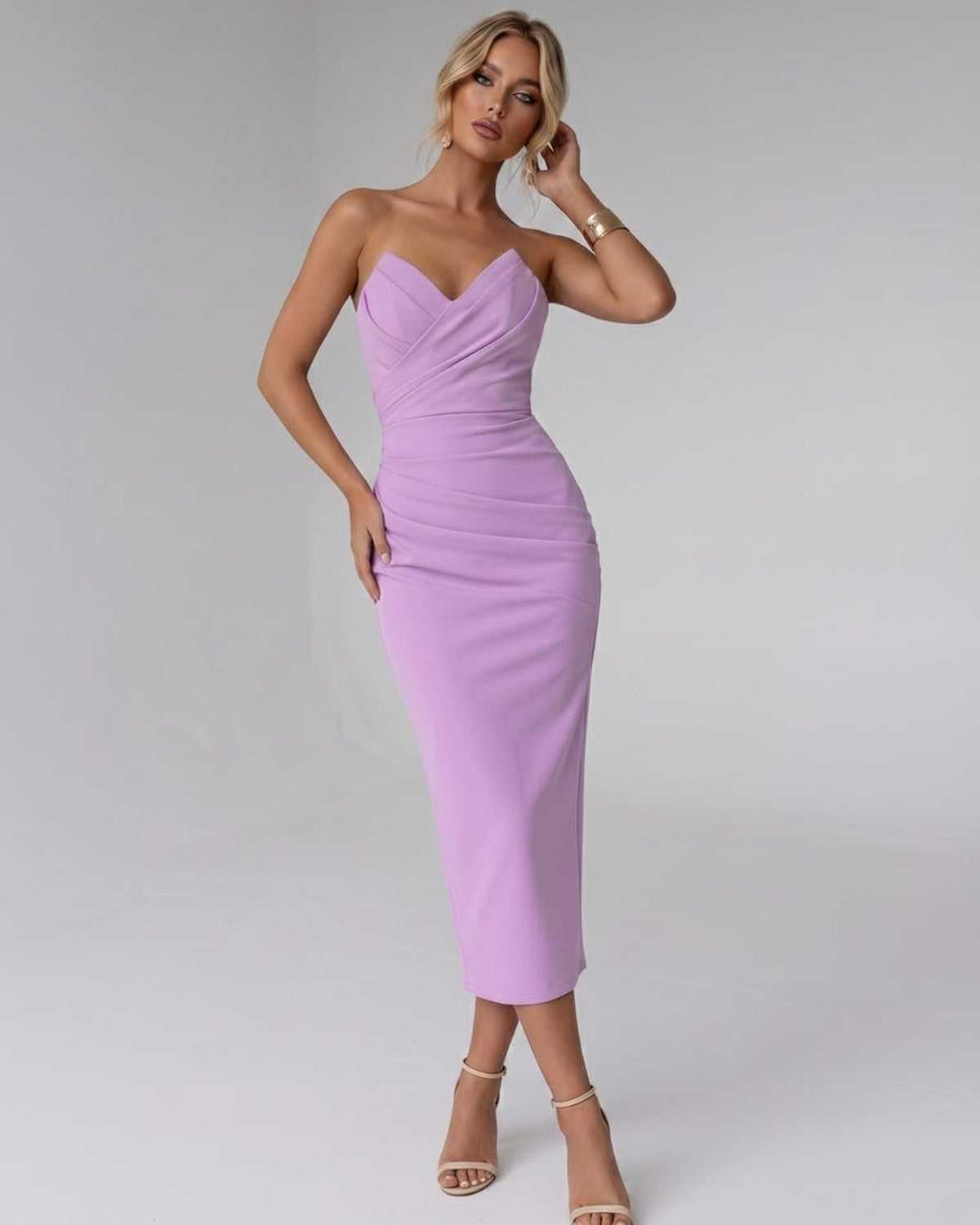 Serelle Midi Dress by Lauven — smooth stretch strapless sweetheart neck fitted midi dress