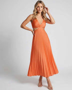 Lunara Midi Dress by Lauven — satin sleeveless V-neck flowing pleated midi dress