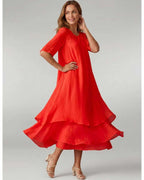 Aurelia Midi Dress by Lauven — lightweight short sleeve round neck layered midi dress