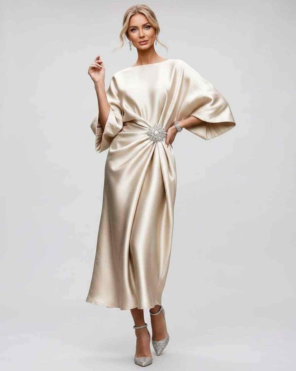 Seralyn Midi Dress by Lauven — satin kimono sleeve boat neck draped midi dress
