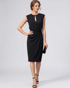 Velmira Midi Dress by Lauven — sleeveless keyhole wrap midi dress with ruched waist