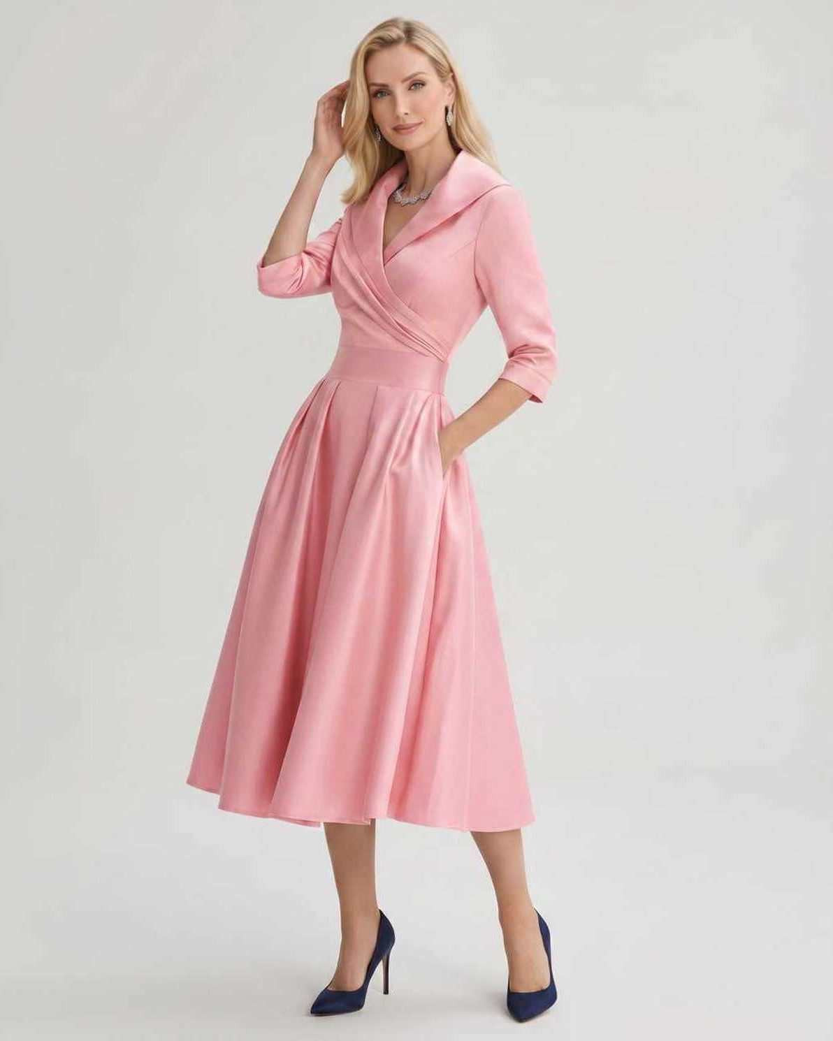 Serelune Midi Dress by Lauven — satin blend 3/4 sleeve V-neck A-line midi dress