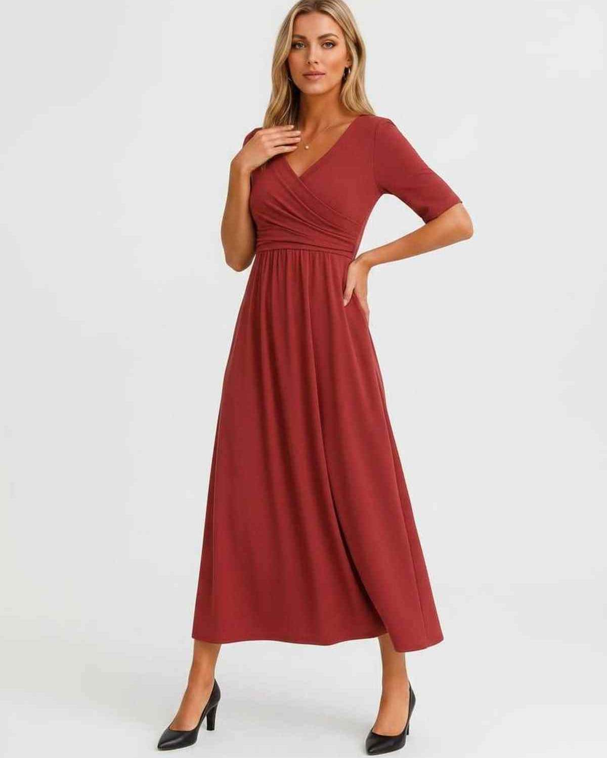 Velmira Midi Dress by Lauven — soft stretch short sleeve V-neck A-line midi dress