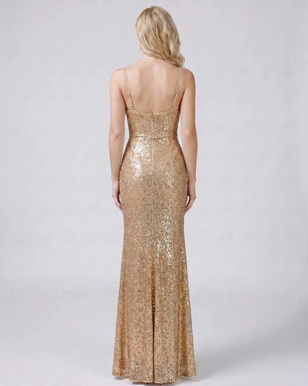 Celeste Maxi Dress by Lauven — sequin sleeveless V-neck mermaid maxi dress with spaghetti straps and front slit