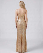 Celeste Maxi Dress by Lauven — sequin sleeveless V-neck mermaid maxi dress with spaghetti straps and front slit