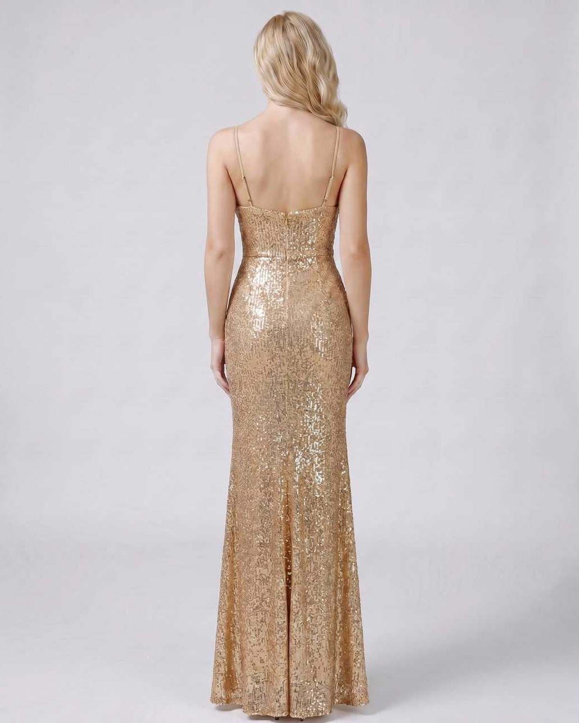 Celeste Maxi Dress by Lauven — sequin sleeveless V-neck mermaid maxi dress with spaghetti straps and front slit