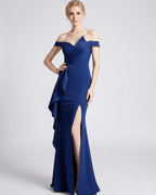 Veloura Maxi Dress by Lauven — polyester spandex off-the-shoulder mermaid maxi dress with slit