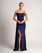 Celestia Maxi Dress by Lauven — polyester spaghetti strap mermaid maxi dress with beading and split