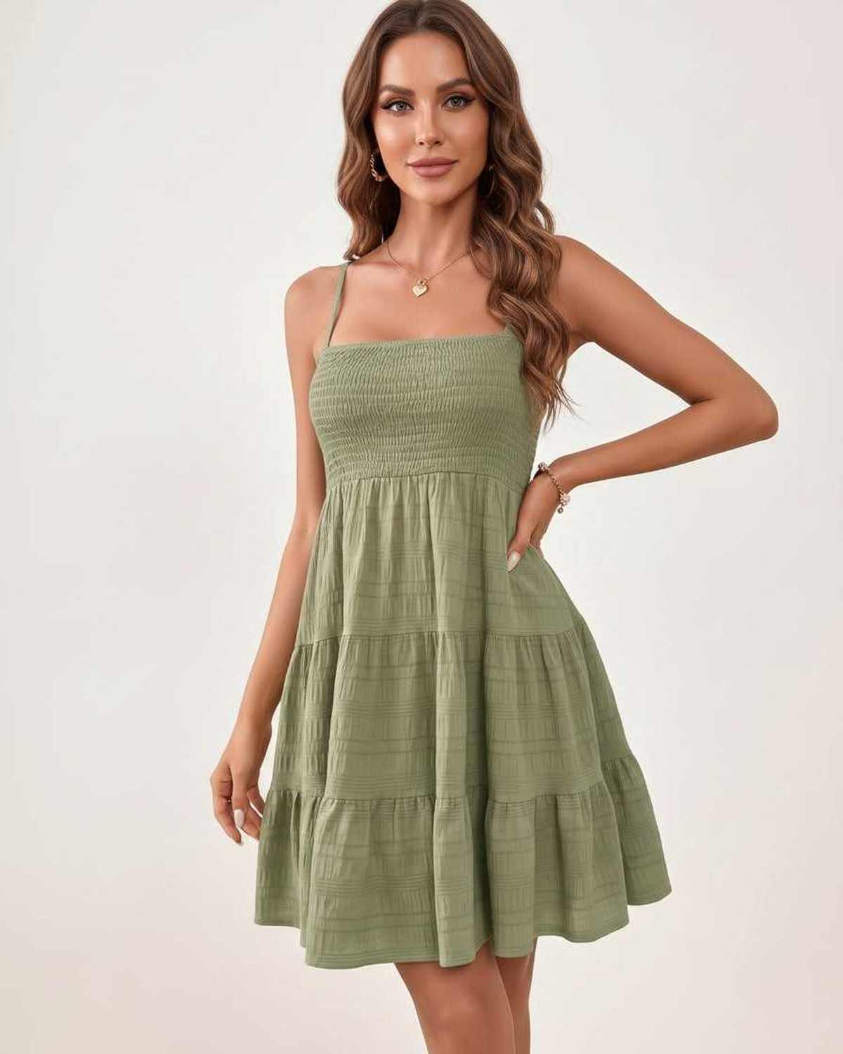 Solara Mini Dress by Lauven — textured sleeveless square neck tiered swing mini dress