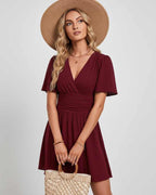 Calista Mini Dress by Lauven — chiffon ruffled short sleeve V-neck A-line mini dress