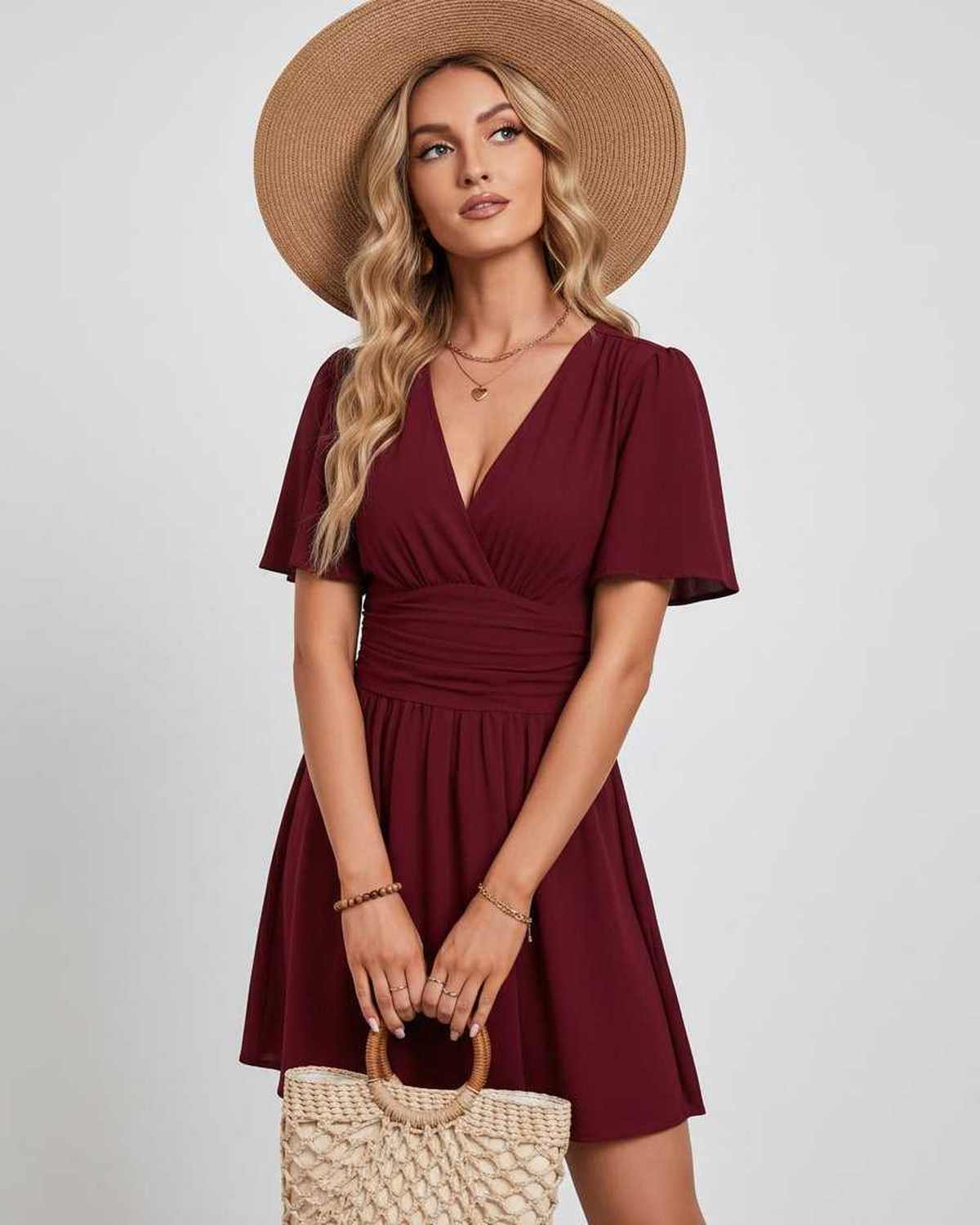 Calista Mini Dress by Lauven — chiffon ruffled short sleeve V-neck A-line mini dress