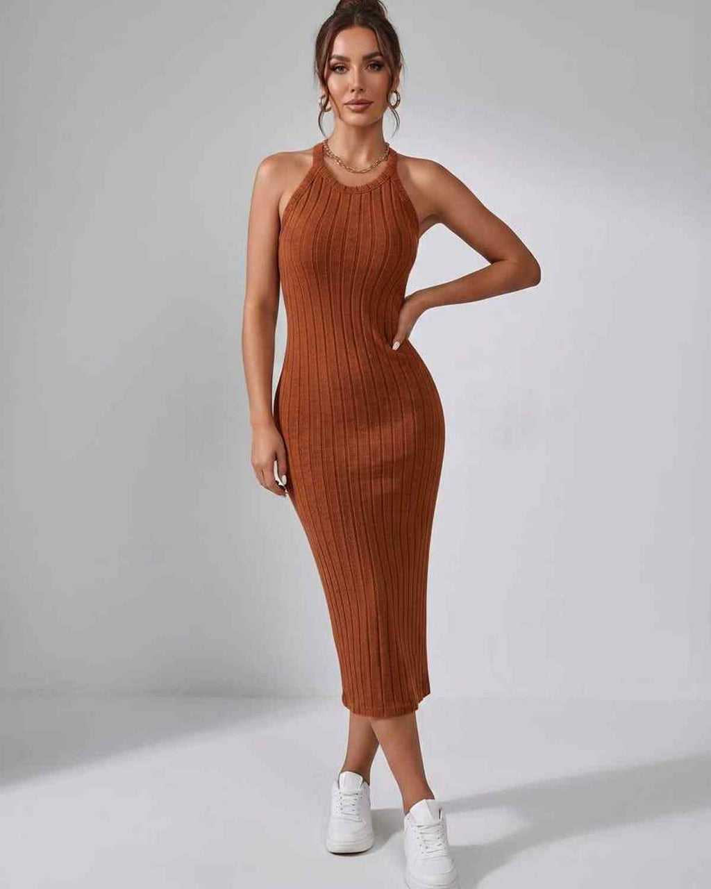 Lunara Midi Dress by Lauven — ribbed knit sleeveless crew neck slim-fit midi dress