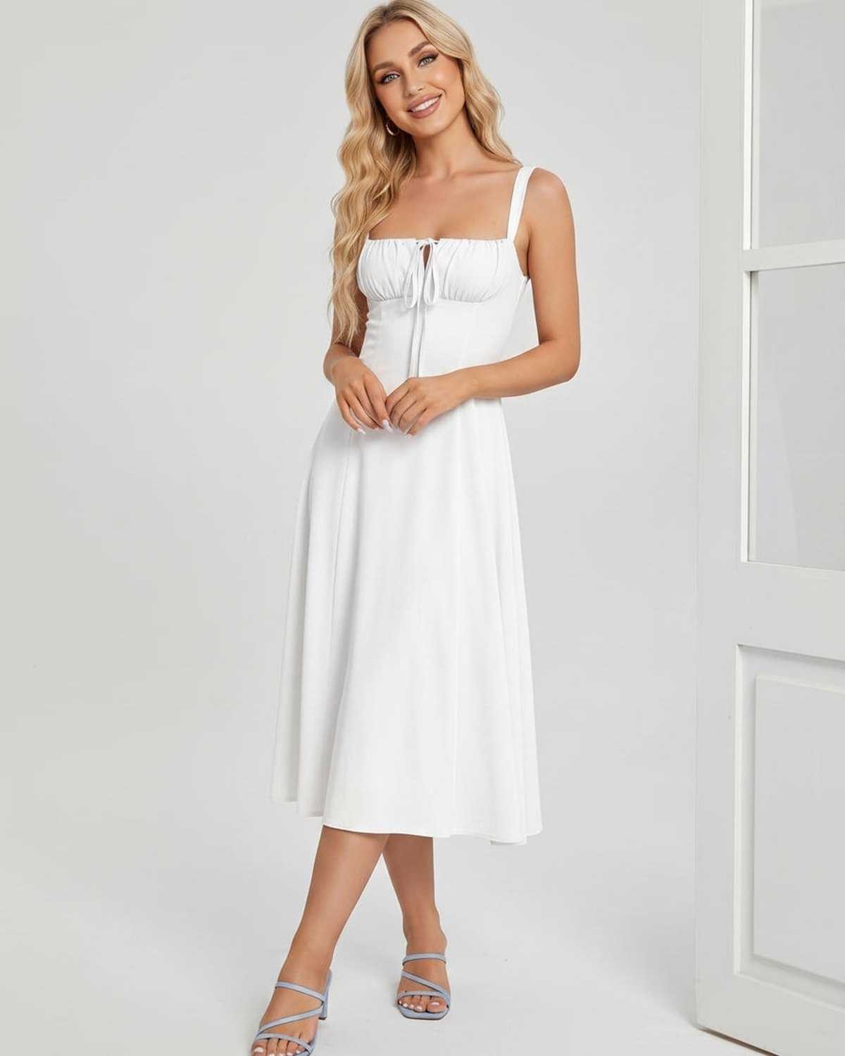 Serelune Midi Dress by Lauven — lightweight sleeveless square neck A-line midi dress